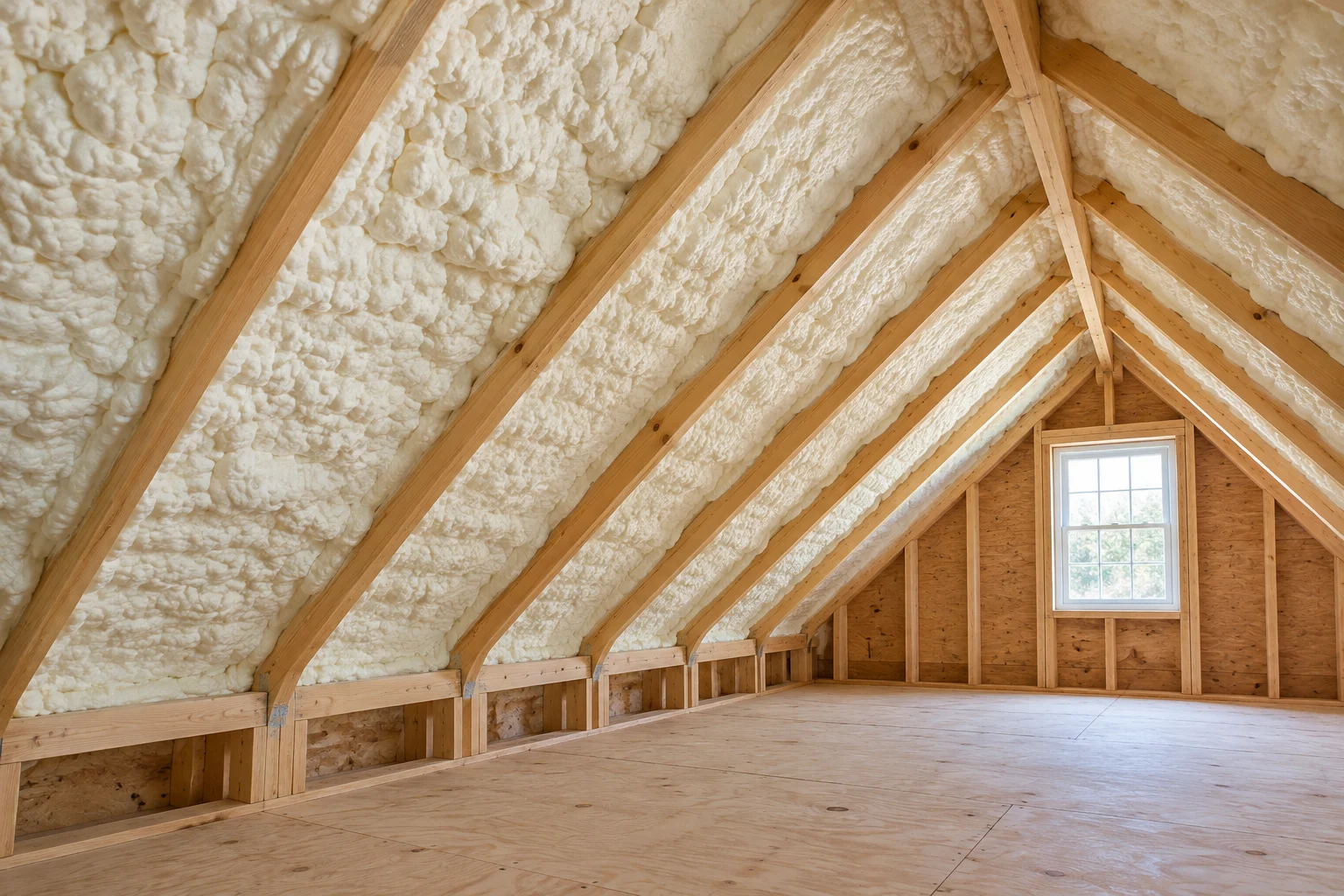 Illustrative spray foam insulation beneath a pitched attic roof